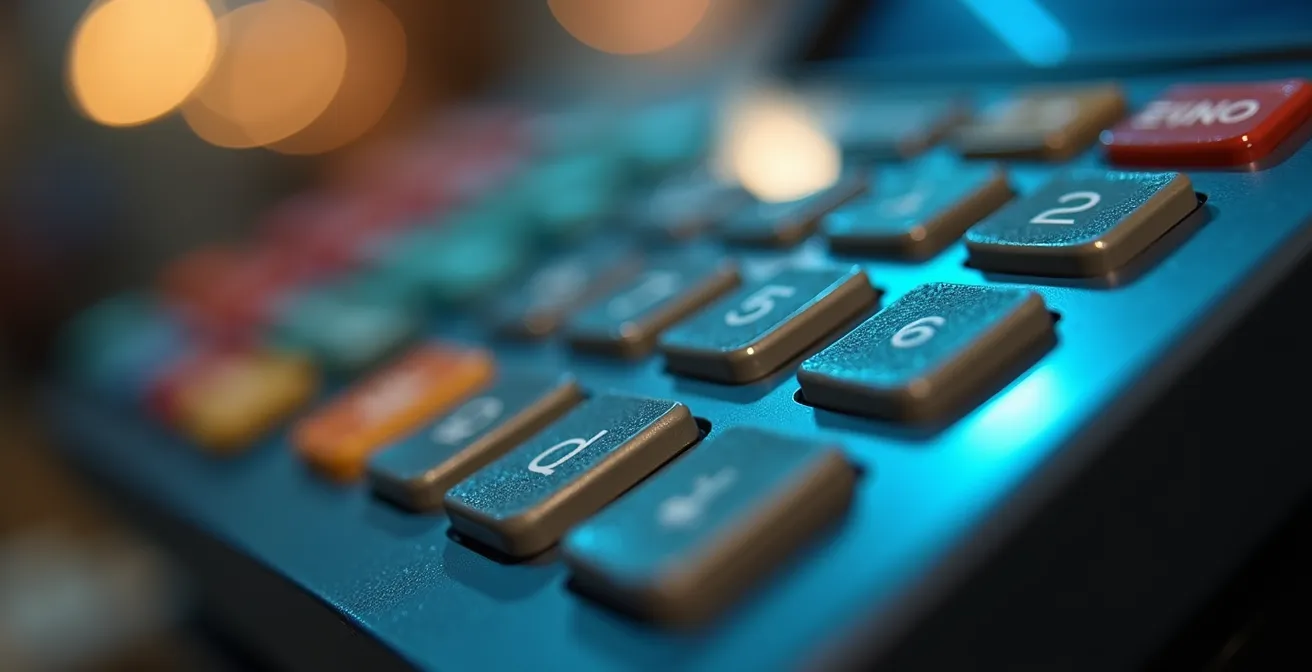 Gros plan sur la texture métallique et le clavier d’une caisse tactile