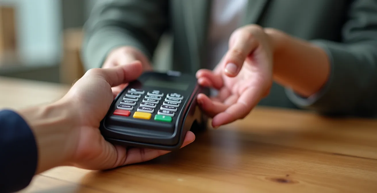 Mains d'entrepreneur réalisant une première transaction avec un terminal mobile