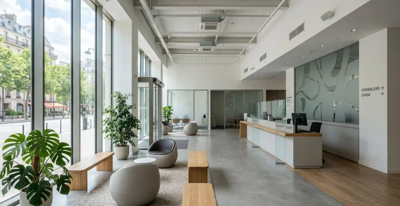 Espace d'accueil d'une agence bancaire contemporaine avec larges baies vitrées laissant entrer la lumière naturelle et mobilier épuré