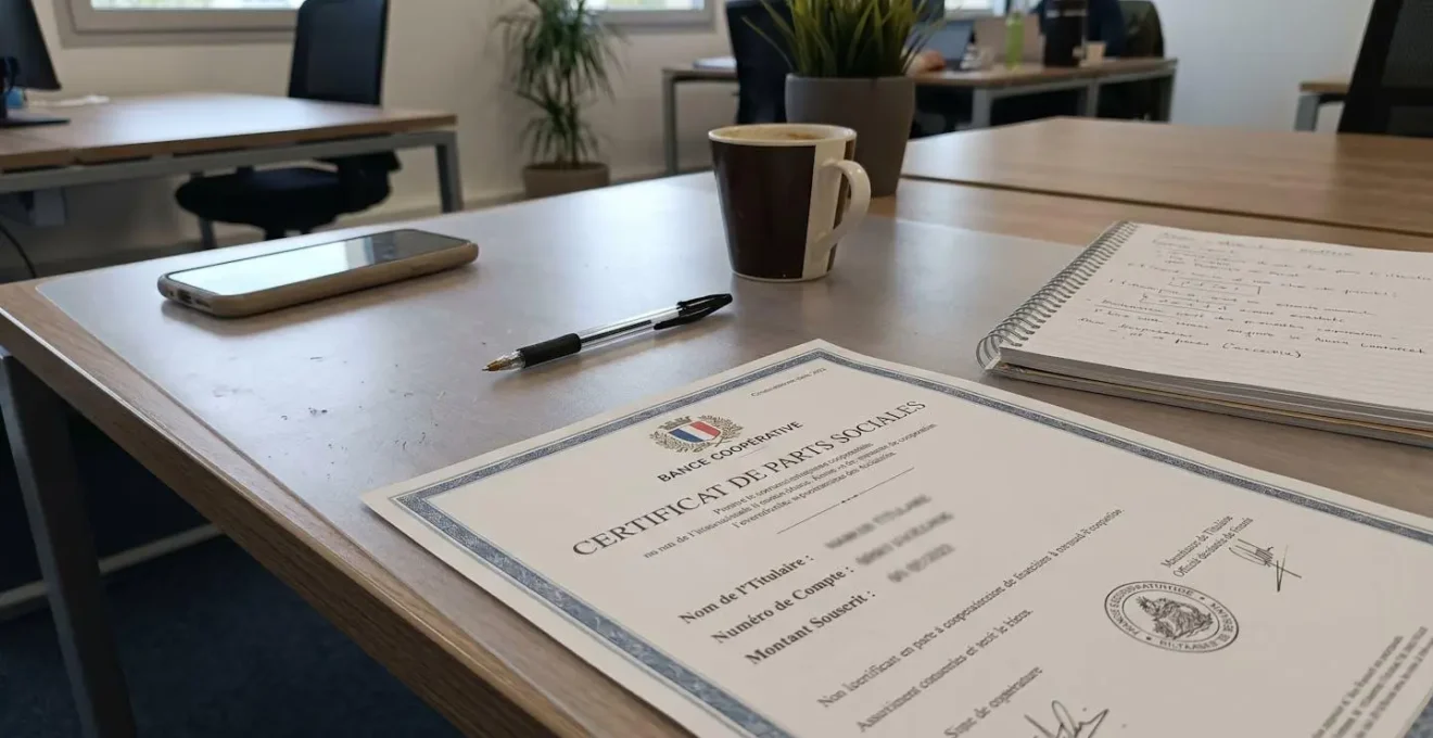 Document officiel de certificat de parts sociales d'une banque coopérative posé sur un bureau avec tampon et signature visibles