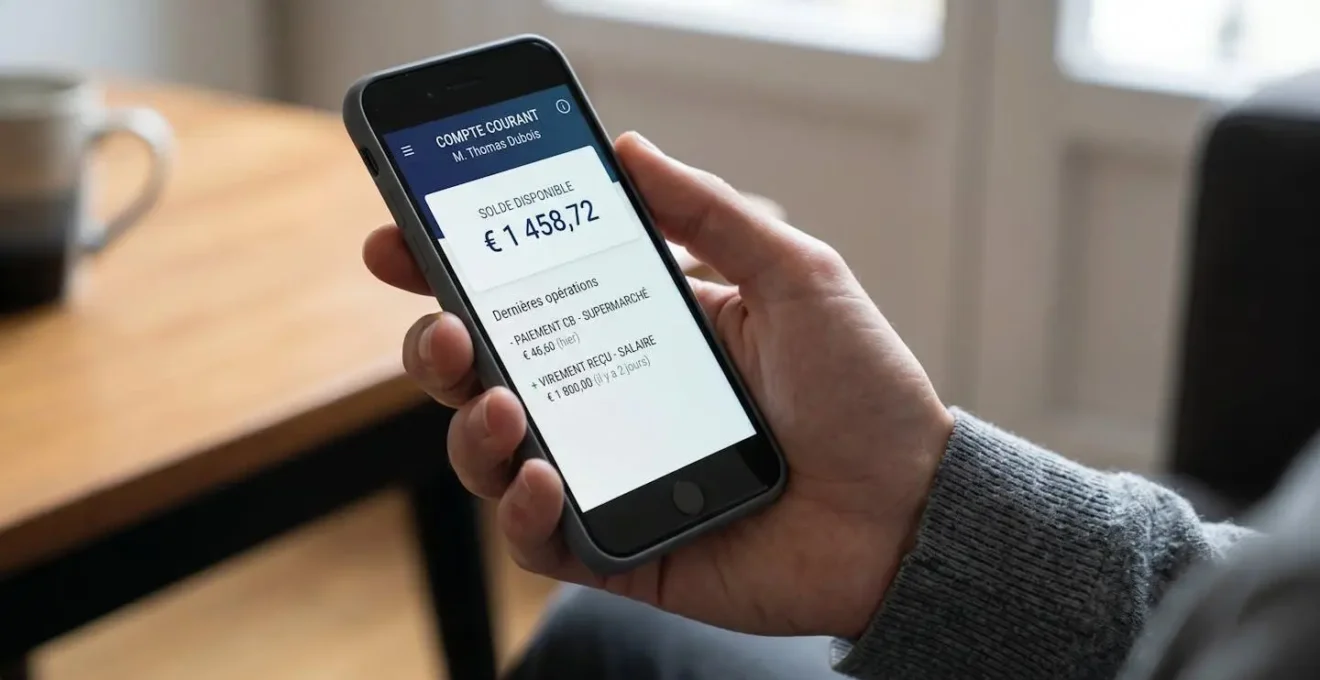 Écran de smartphone affichant une interface d'application bancaire avec solde de compte et graphique de dépenses visibles