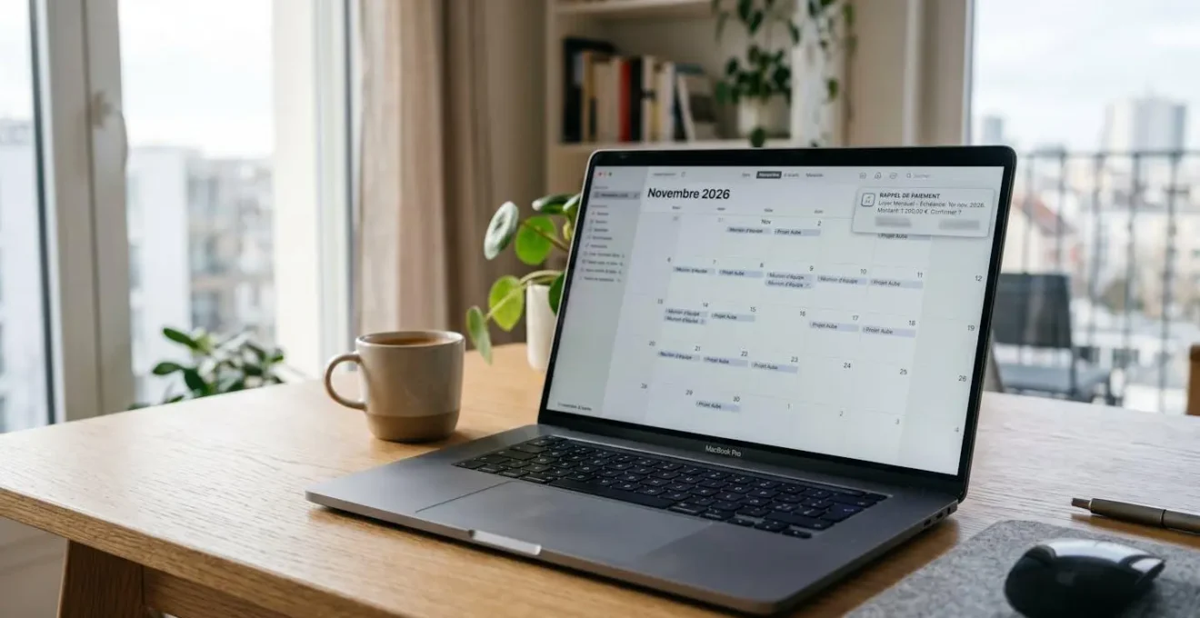 Gros plan sur un écran d'ordinateur portable affichant une application de calendrier numérique avec une notification d'échéance financière, dans un bureau moderne épuré