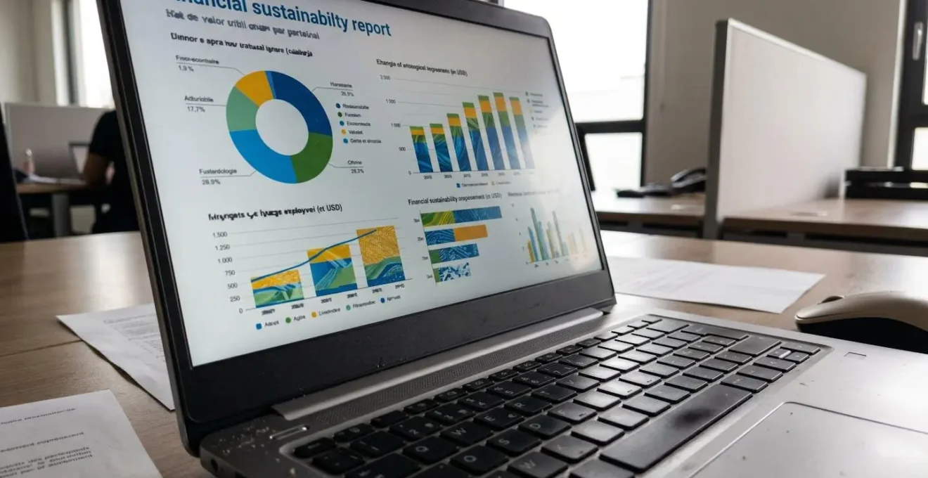 Écran d'ordinateur affichant un rapport de répartition d'investissements avec graphiques dans un bureau moderne