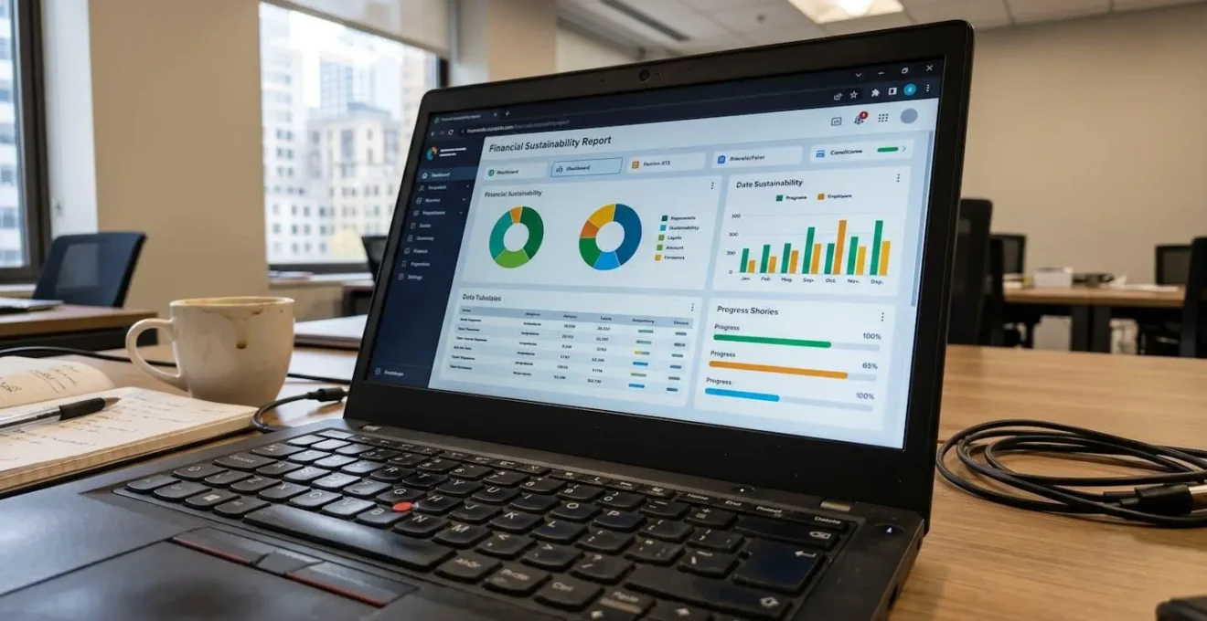 Écran d'ordinateur affichant un rapport de répartition d'investissements avec graphiques dans un bureau moderne