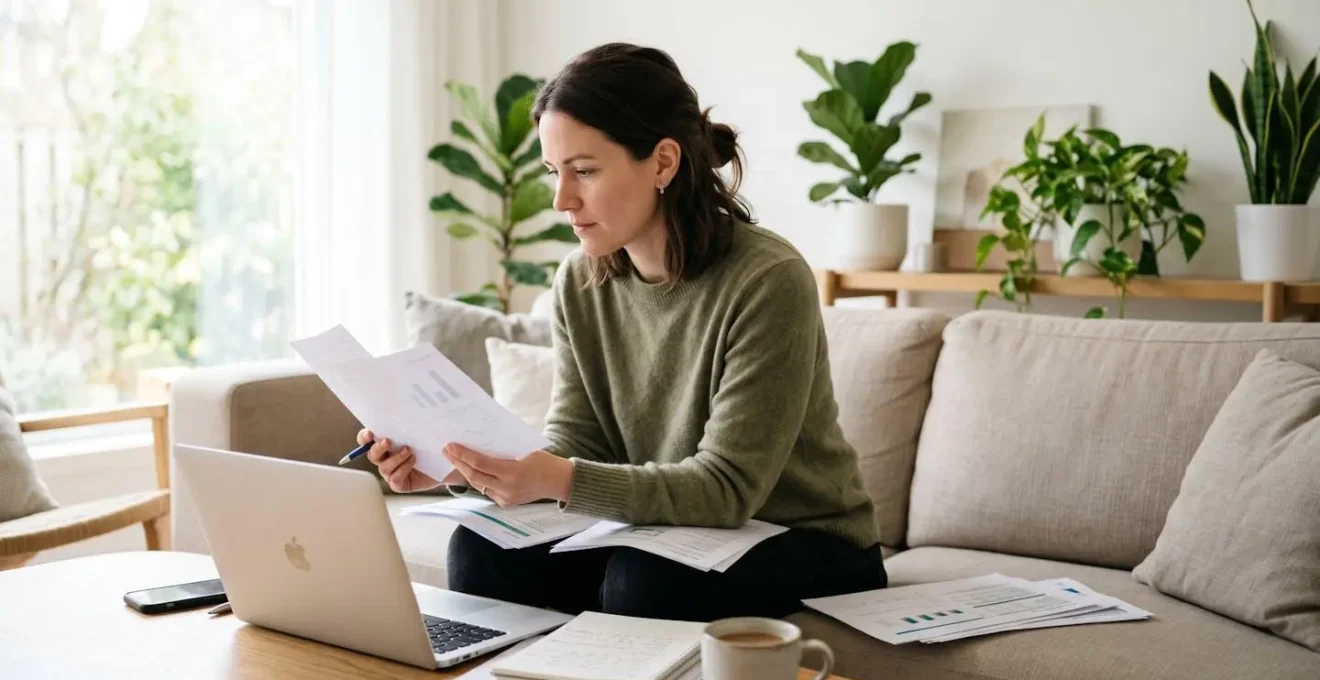 Femme analysant des documents financiers sur son canapé avec ordinateur portable