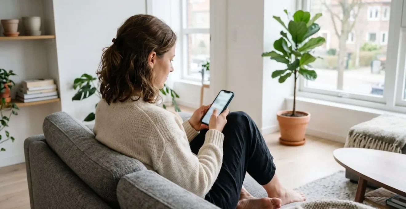 Une femme dans la trentaine assise sur un canapé moderne consulte attentivement son smartphone en mode paysage, dans un intérieur contemporain lumineux avec plantes