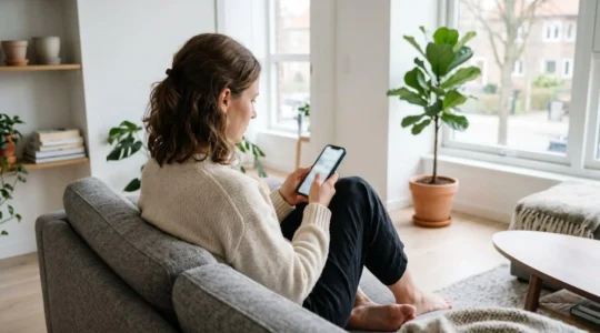 Une femme dans la trentaine assise sur un canapé moderne consulte attentivement son smartphone en mode paysage, dans un intérieur contemporain lumineux avec plantes