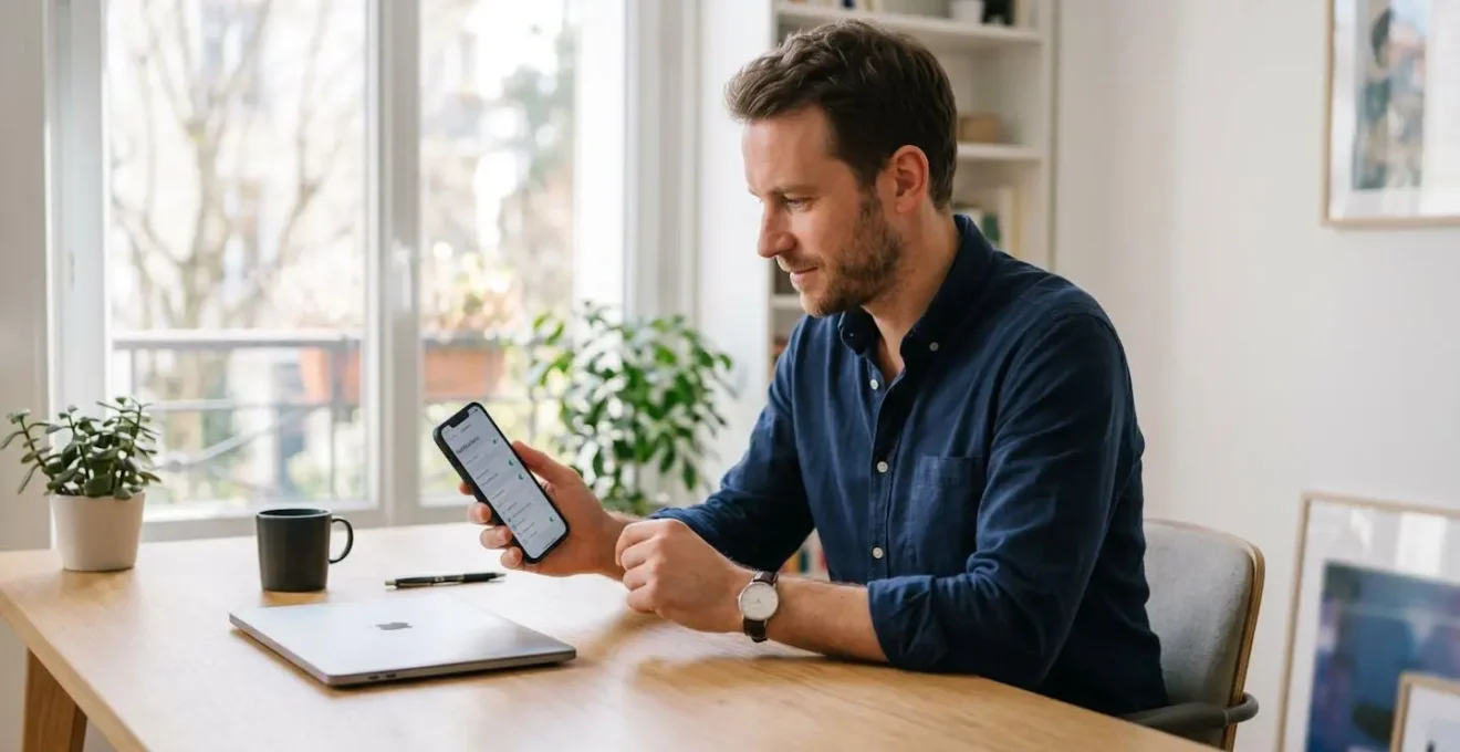 Un homme d'environ trente-cinq ans assis à un bureau contemporain active les paramètres de notification sur son smartphone, écran orienté vers lui, dans un espace de travail lumineux