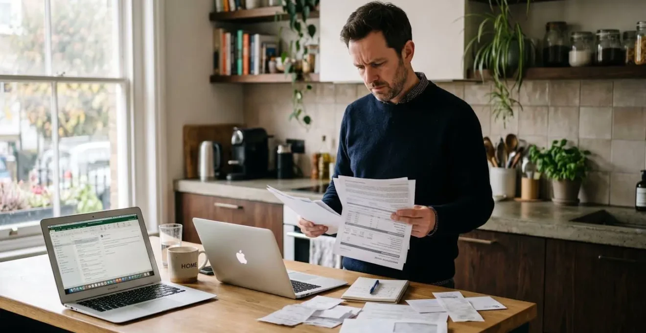 Homme dépité consultant des documents de refus de prêt dans sa cuisine