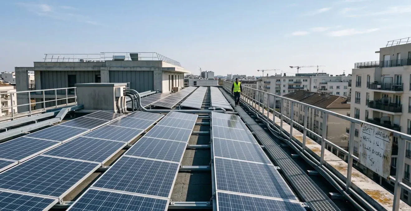 Installation de panneaux solaires sur un toit urbain français sous un ciel dégagé