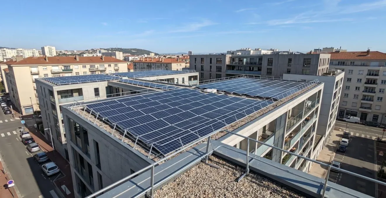Installation de panneaux solaires sur un toit urbain français sous un ciel dégagé