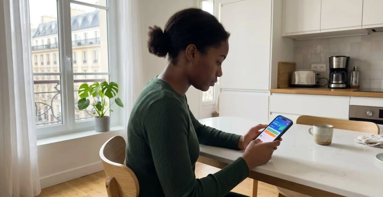 Personne consultant une application bancaire sur son smartphone dans un intérieur contemporain français