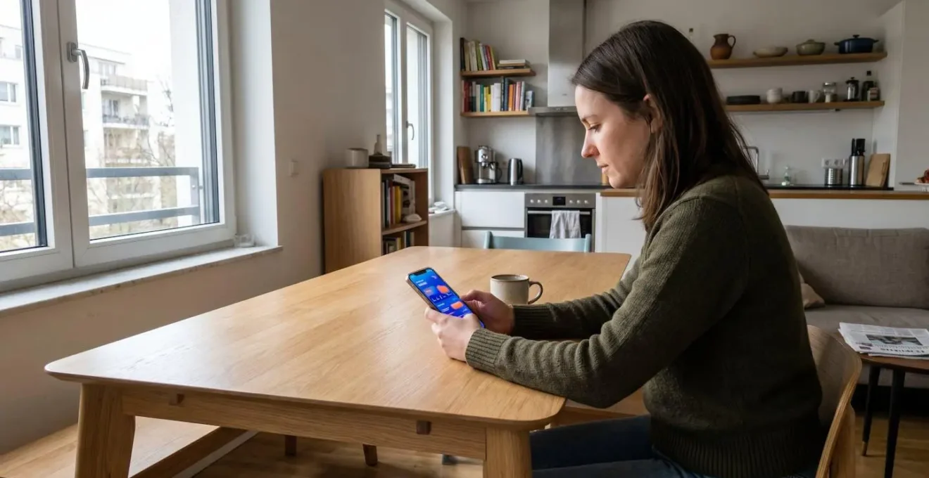 Personne consultant une application bancaire sur son smartphone dans un intérieur contemporain français