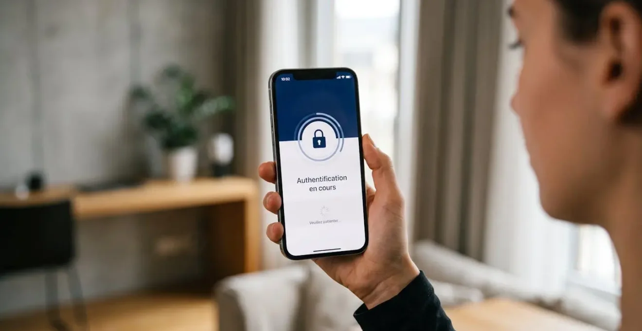 Main tenant smartphone en cours d'authentification biométrique par empreinte digitale, écran affichant interface de sécurisation d'application bancaire avec texte en français