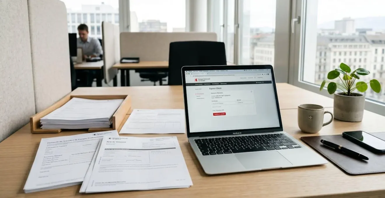 Bureau professionnel avec documents de mobilité bancaire organisés et ordinateur affichant interface de changement de banque