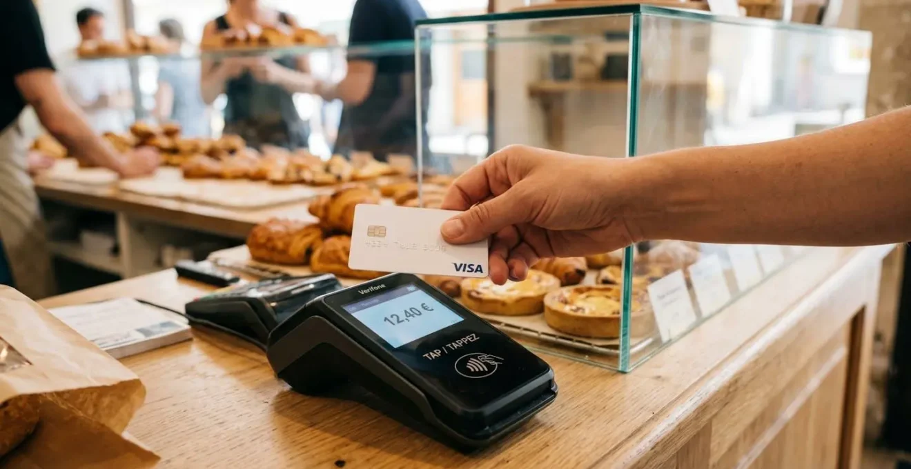 Collaboratrice utilisant sa carte d'avantages salariés en paiement sans contact pour régler un achat dans un commerce français