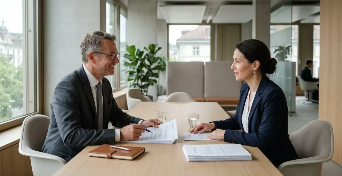 Conseiller bancaire professionnel en entretien avec client entrepreneur dans une agence moderne