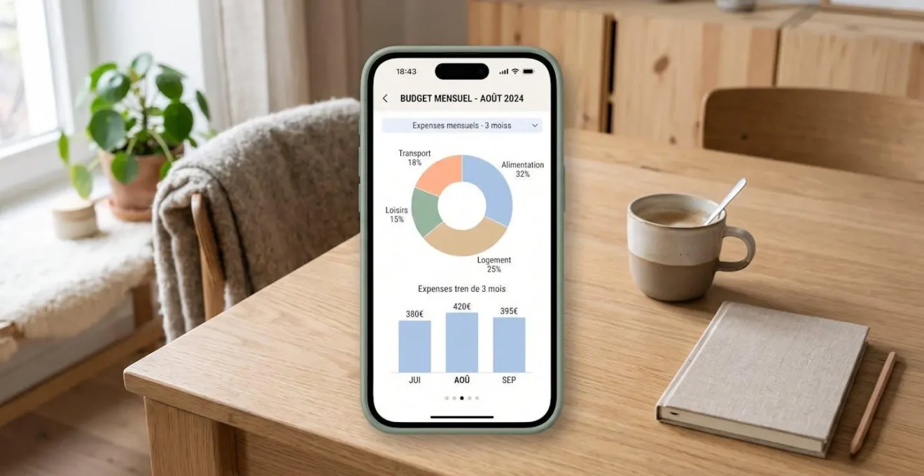 Écran de smartphone affichant interface de catégorisation budgétaire avec graphique circulaire de répartition des dépenses et graphique barres d'évolution mensuelle, libellés en français