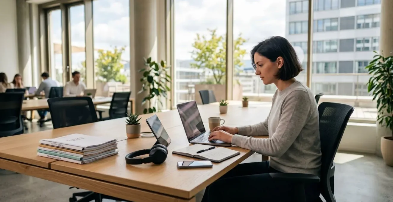 Entrepreneur travaillant dans un bureau contemporain lumineux avec équipement professionnel moderne et espace de travail organisé