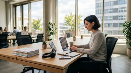 Entrepreneur travaillant dans un bureau contemporain lumineux avec équipement professionnel moderne et espace de travail organisé