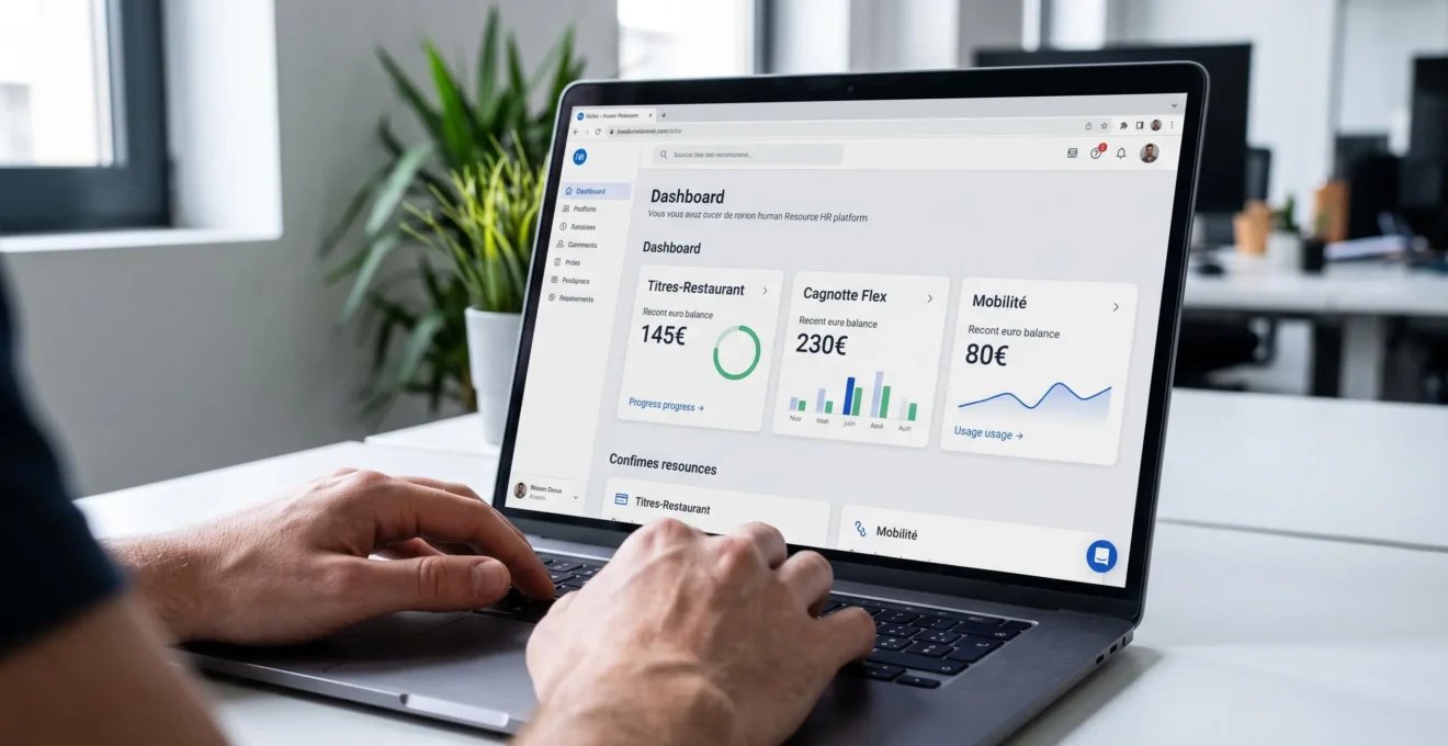 Interface d'une plateforme RH digitale de gestion des avantages salariés affichant les différentes cagnottes disponibles (Titres-Restaurant, Flex, Mobilité) avec soldes en euros