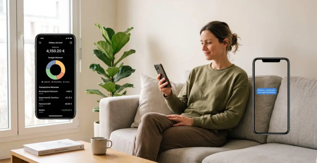 Personne assise dans un salon contemporain consultant une application bancaire mobile sur smartphone, écran affichant tableau de bord avec solde et graphique budgétaire en français