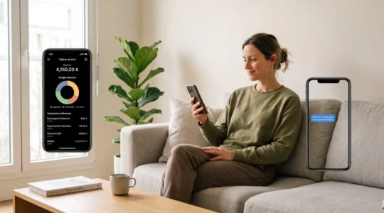 Personne assise dans un salon contemporain consultant une application bancaire mobile sur smartphone, écran affichant tableau de bord avec solde et graphique budgétaire en français