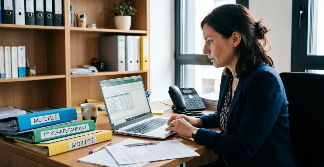 Responsable RH gérant simultanément plusieurs dossiers de prestataires d'avantages salariaux différents sur son bureau, illustrant la charge administrative de la gestion multi-prestataires