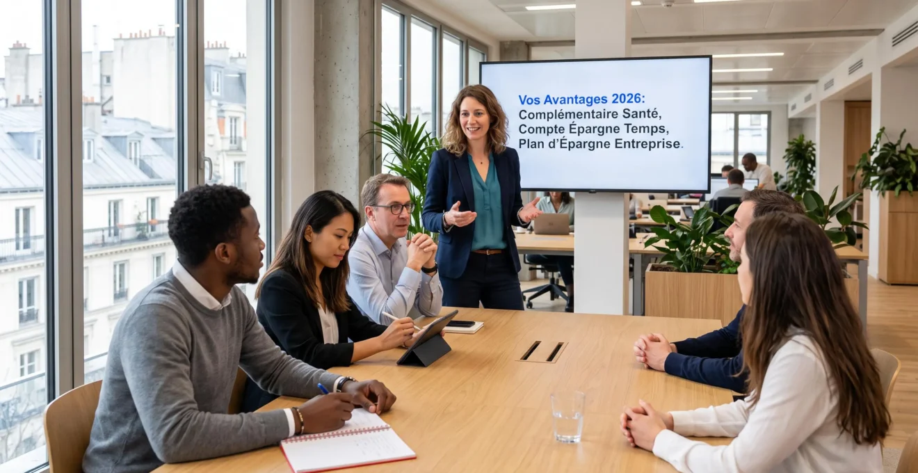 Responsable RH présentant le nouveau dispositif d'avantages salariés à un groupe de collaborateurs lors d'une session d'information collective dans les locaux d'une entreprise française moderne