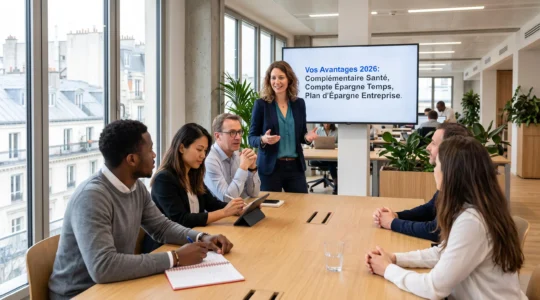 Responsable RH présentant le nouveau dispositif d'avantages salariés à un groupe de collaborateurs lors d'une session d'information collective dans les locaux d'une entreprise française moderne