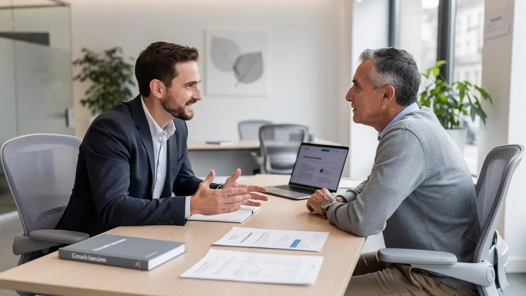 Conseiller bancaire et entrepreneur en consultation dans une agence bancaire française