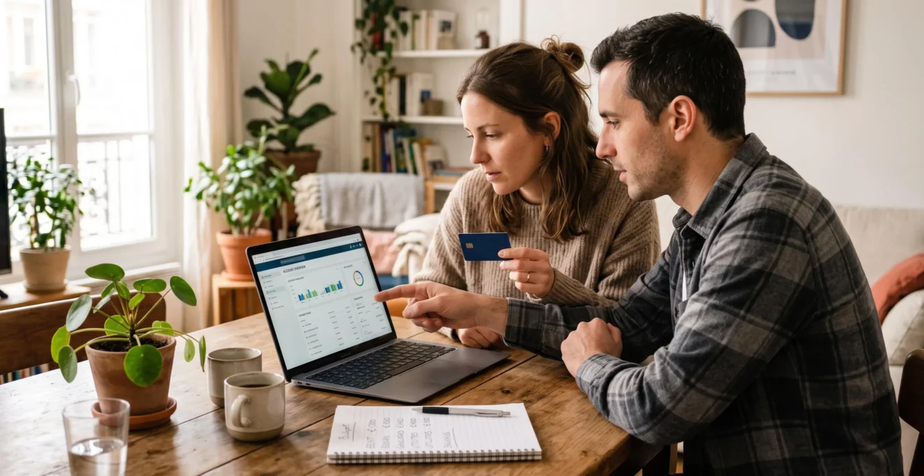 Un couple assis à la table d'un appartement examine ensemble un relevé de banque en ligne sur un ordinateur portable.