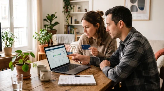 Un couple assis à la table d'un appartement examine ensemble un relevé de banque en ligne sur un ordinateur portable.