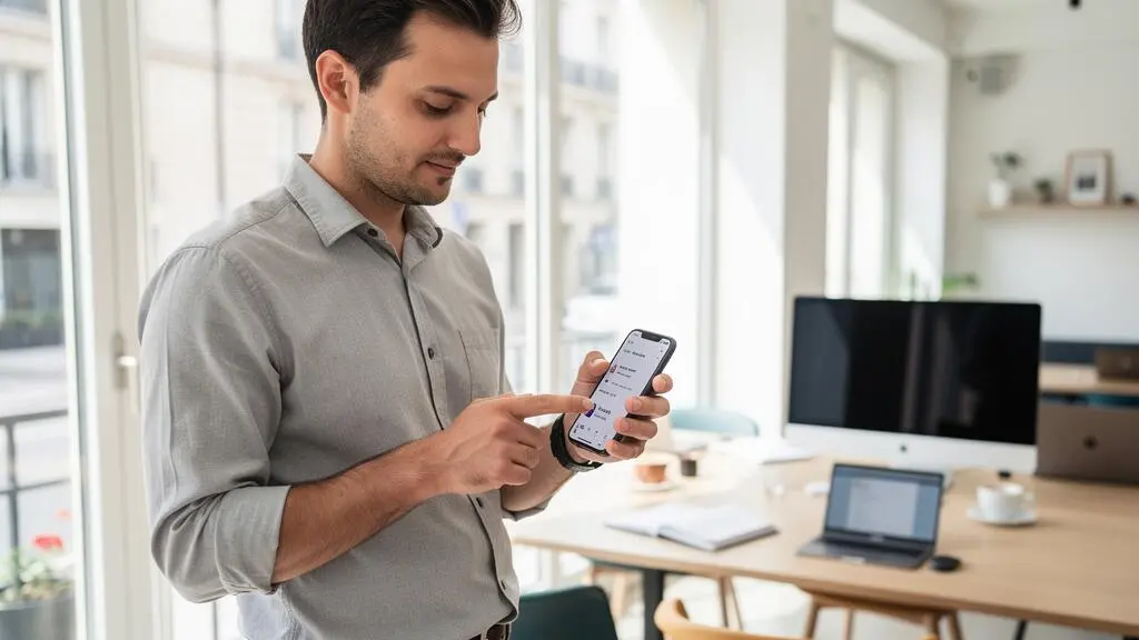 Professionnel indépendant consultant une application bancaire mobile dans un espace de coworking