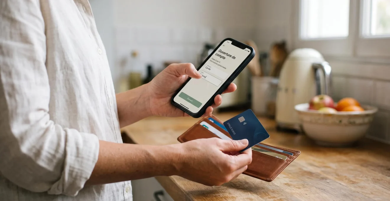 Des mains tiennent un smartphone sur lequel une personne renseigne un formulaire d'ouverture de compte en ligne.