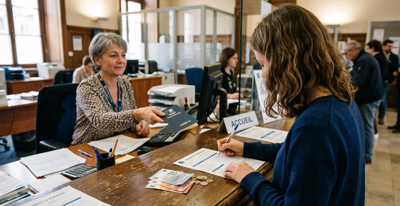 Un adolescent remplit un formulaire au guichet d'une banque avec un conseiller.