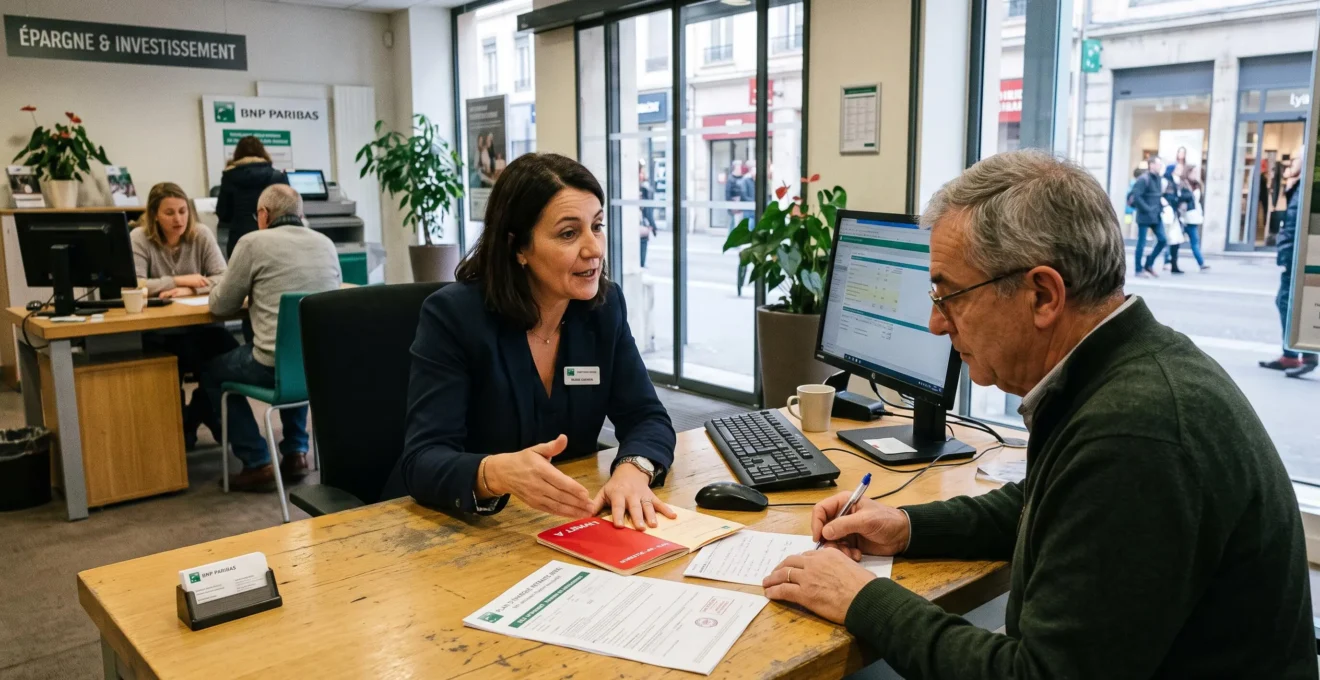 Un conseiller bancaire explique deux supports d'épargne à une cliente dans une agence.