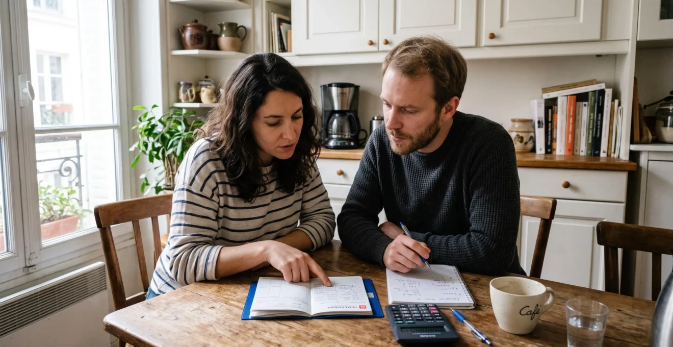 Un couple trentenaire compare un livret d'épargne et des documents à sa table de cuisine.