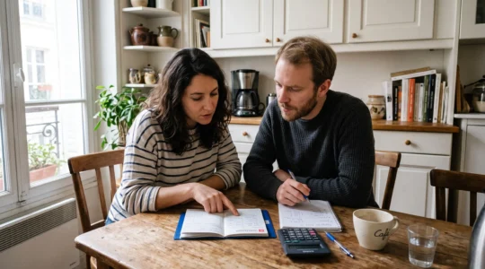 Un couple trentenaire compare un livret d'épargne et des documents à sa table de cuisine.