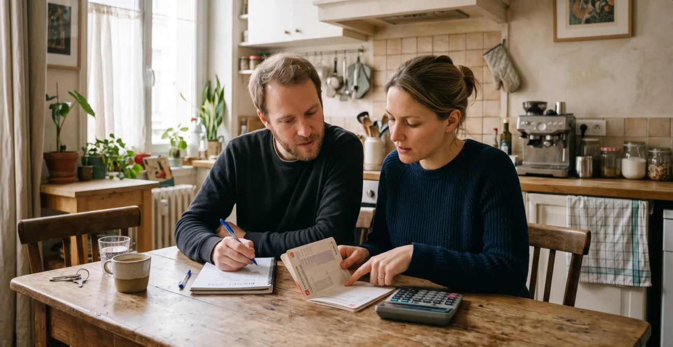 Un couple trentenaire compare un livret d'épargne et des documents à sa table de cuisine.
