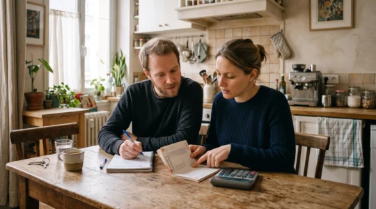 Un couple trentenaire compare un livret d'épargne et des documents à sa table de cuisine.