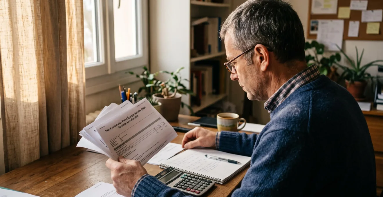 Un homme d'une cinquantaine d'années examine un relevé de plan épargne retraite à son bureau.