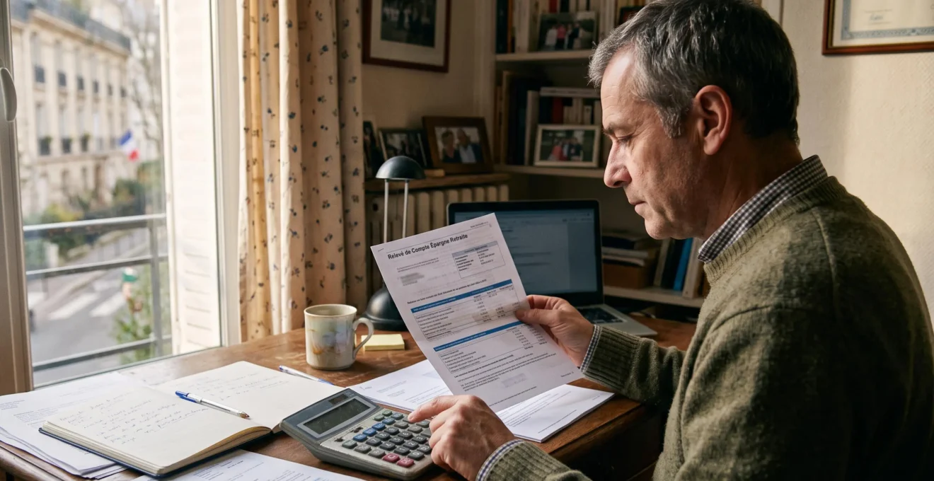 Un homme d'une cinquantaine d'années examine un relevé de plan épargne retraite à son bureau.
