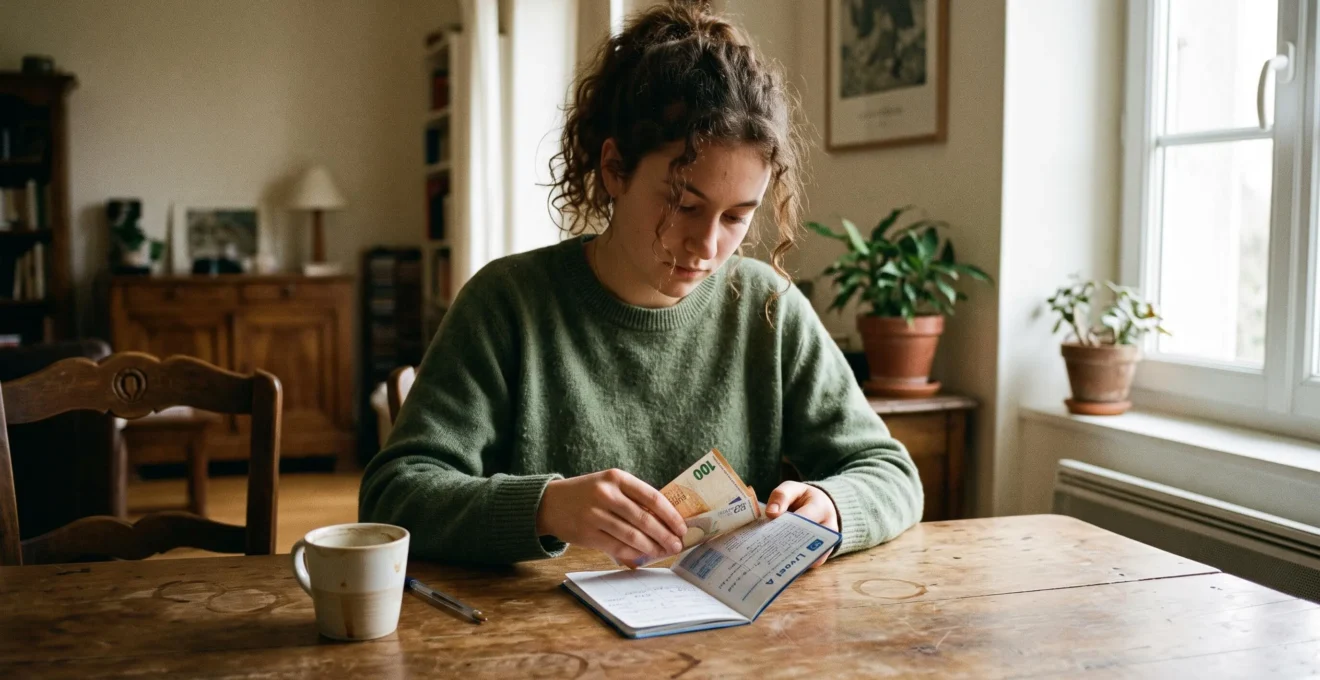 Un jeune dépose des billets dans un livret d'épargne ouvert sur une table.