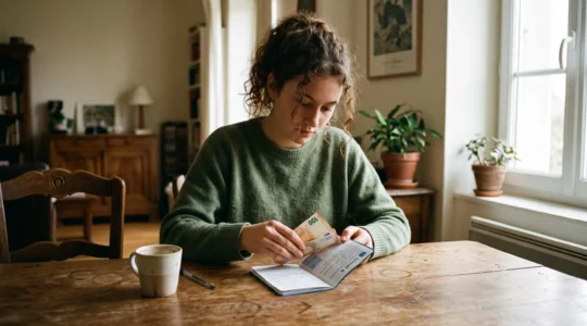 Un jeune dépose des billets dans un livret d'épargne ouvert sur une table.